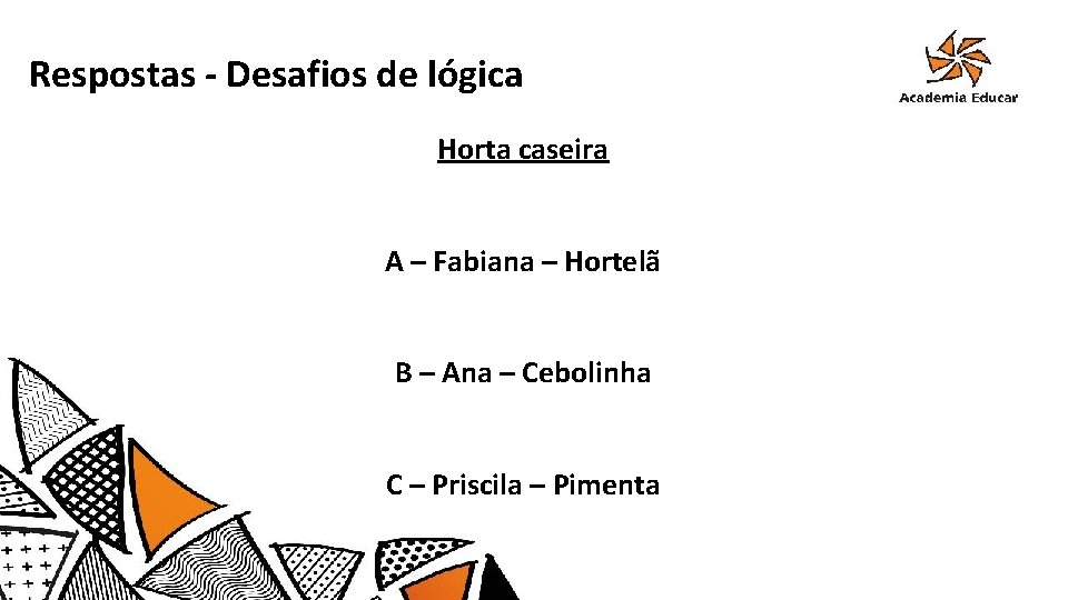 Respostas - Desafios de lógica Horta caseira A – Fabiana – Hortelã B –