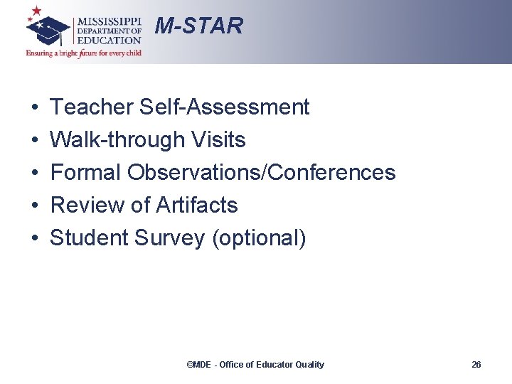 M-STAR • • • Teacher Self-Assessment Walk-through Visits Formal Observations/Conferences Review of Artifacts Student