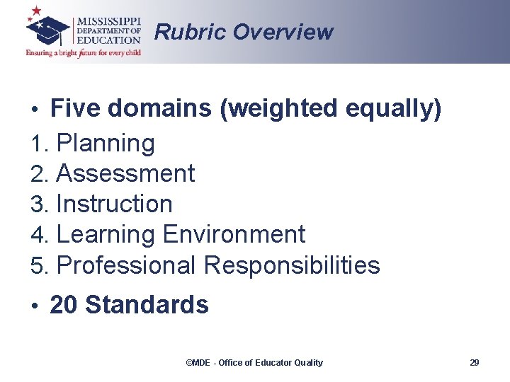 Rubric Overview • Five domains (weighted equally) 1. Planning 2. Assessment 3. Instruction 4.