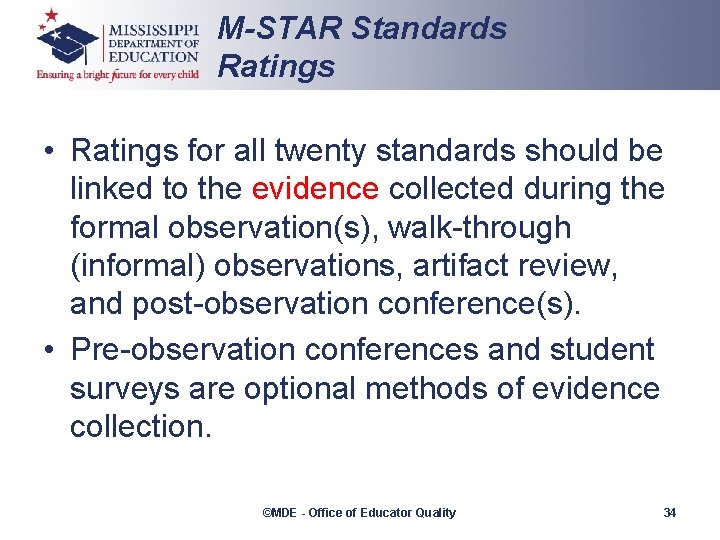 M-STAR Standards Ratings • Ratings for all twenty standards should be linked to the