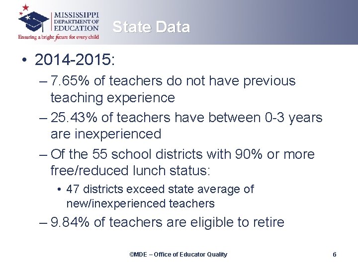 State Data • 2014 -2015: – 7. 65% of teachers do not have previous