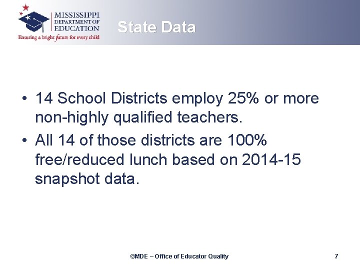 State Data • 14 School Districts employ 25% or more non-highly qualified teachers. •