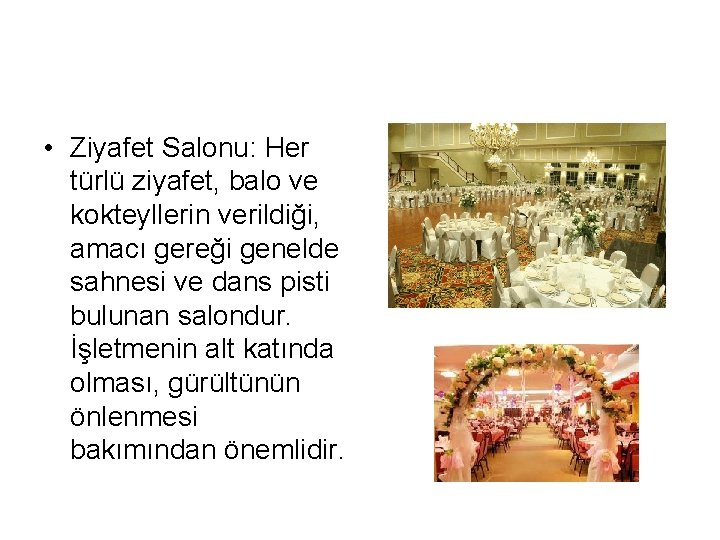  • Ziyafet Salonu: Her türlü ziyafet, balo ve kokteyllerin verildiği, amacı gereği genelde