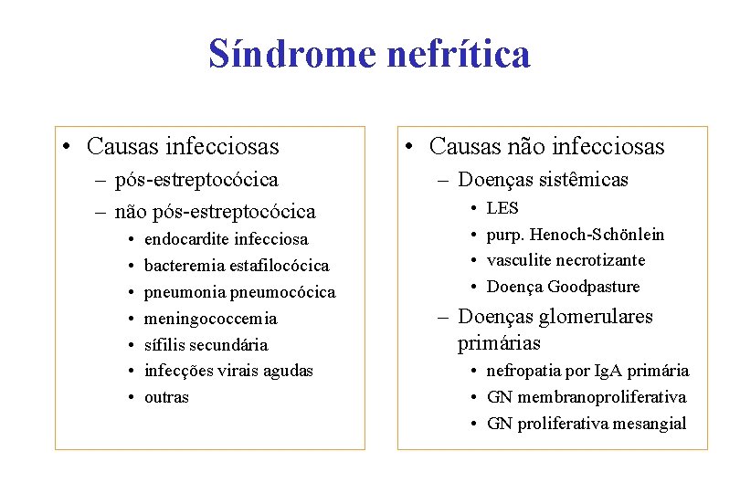 Síndrome nefrítica • Causas infecciosas – pós-estreptocócica – não pós-estreptocócica • • endocardite infecciosa