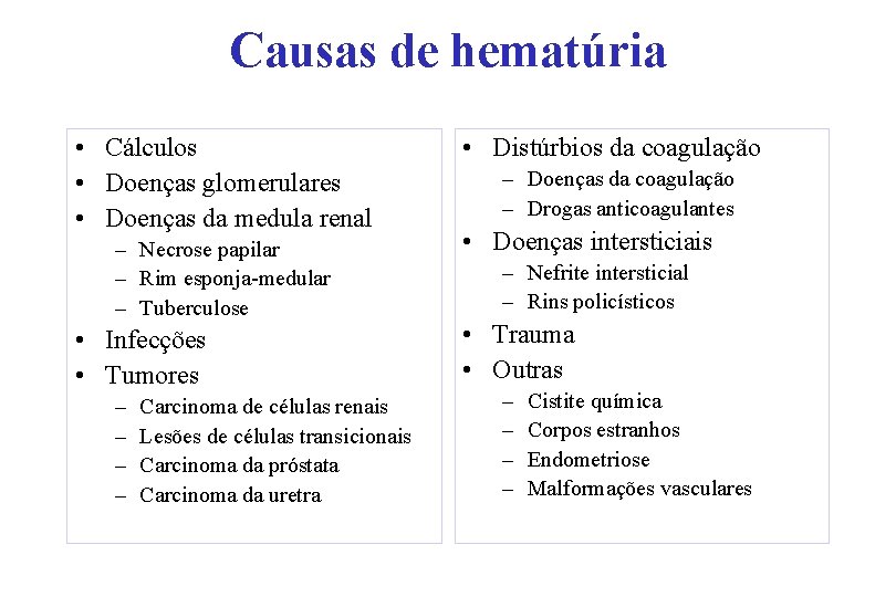 Causas de hematúria • Cálculos • Doenças glomerulares • Doenças da medula renal –