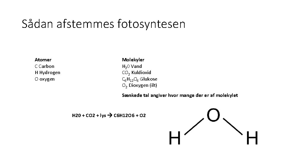 Sådan afstemmes fotosyntesen Atomer C Carbon H Hydrogen O oxygen Molekyler H 20 Vand