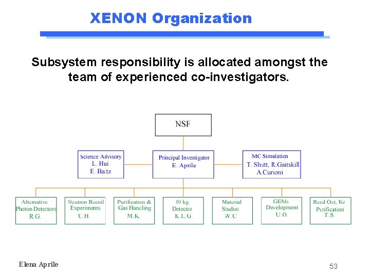 XENON Organization Subsystem responsibility is allocated amongst the team of experienced co-investigators. Elena Aprile XENON Organization Subsystem responsibility is allocated amongst the team of experienced co-investigators. Elena Aprile