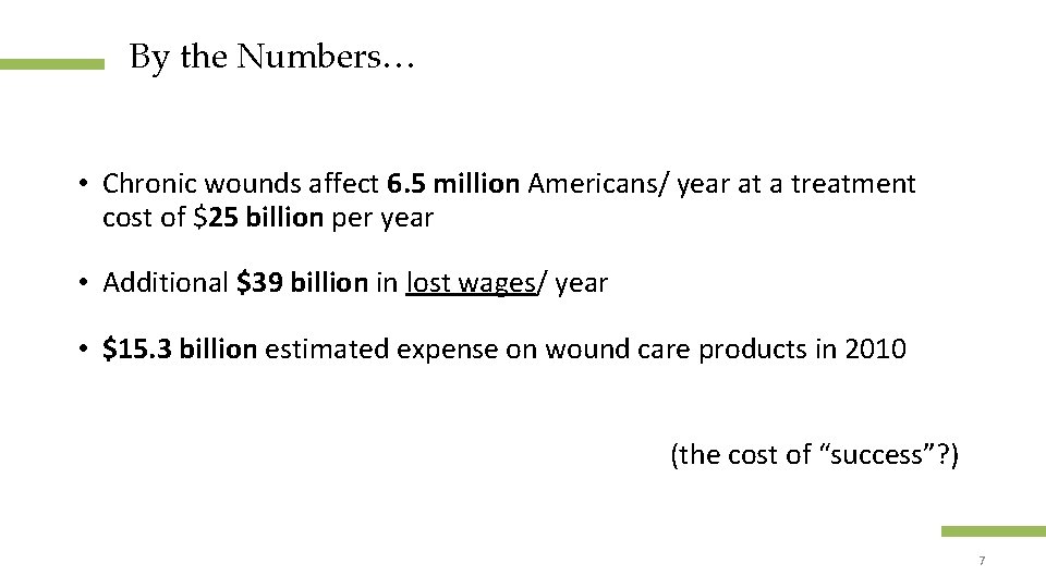 By the Numbers… • Chronic wounds affect 6. 5 million Americans/ year at a