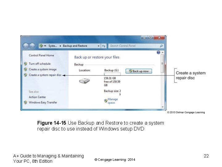 Figure 14 -15 Use Backup and Restore to create a system repair disc to