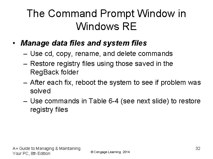 The Command Prompt Window in Windows RE • Manage data files and system files