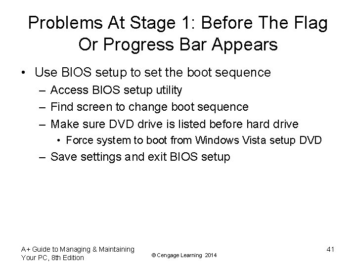 Problems At Stage 1: Before The Flag Or Progress Bar Appears • Use BIOS