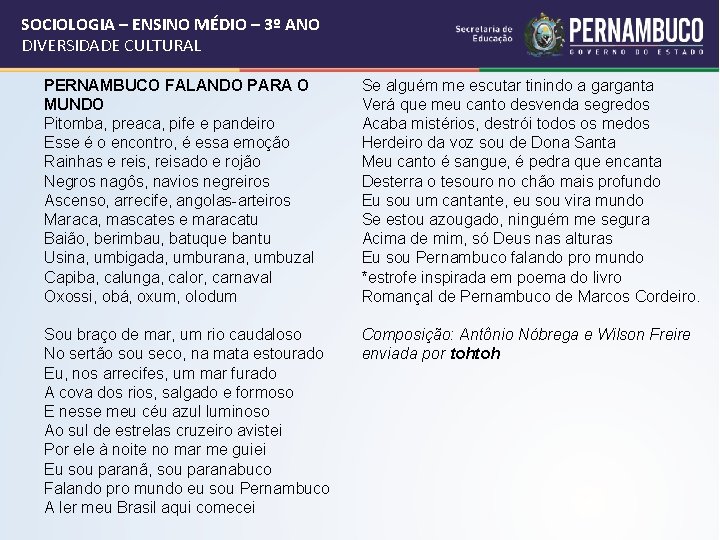 SOCIOLOGIA – ENSINO MÉDIO – 3º ANO DIVERSIDADE CULTURAL PERNAMBUCO FALANDO PARA O MUNDO