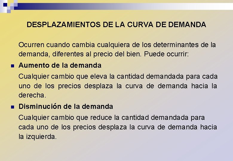 DESPLAZAMIENTOS DE LA CURVA DE DEMANDA Ocurren cuando cambia cualquiera de los determinantes de