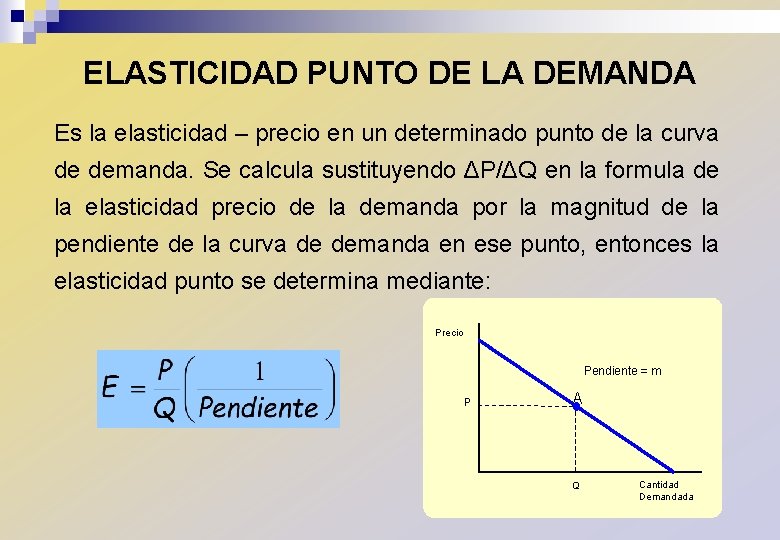 ELASTICIDAD PUNTO DE LA DEMANDA Es la elasticidad – precio en un determinado punto