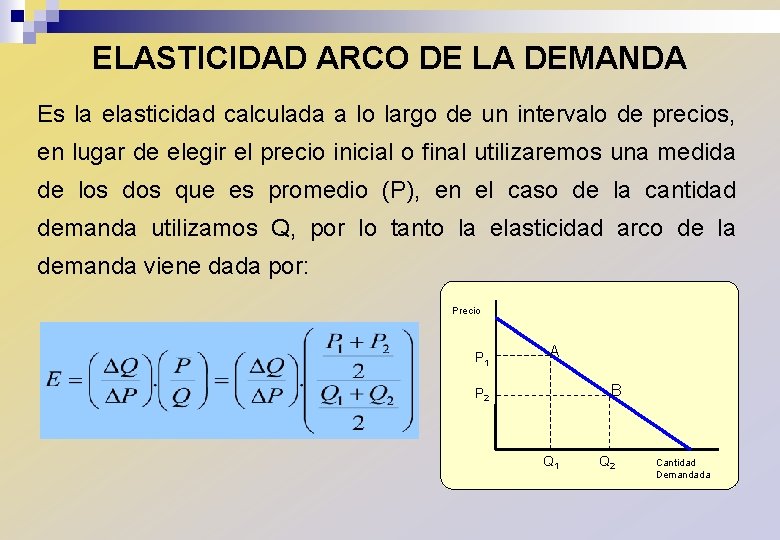 ELASTICIDAD ARCO DE LA DEMANDA Es la elasticidad calculada a lo largo de un