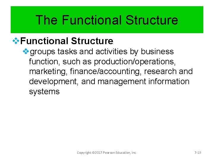 The Functional Structure vgroups tasks and activities by business function, such as production/operations, marketing,