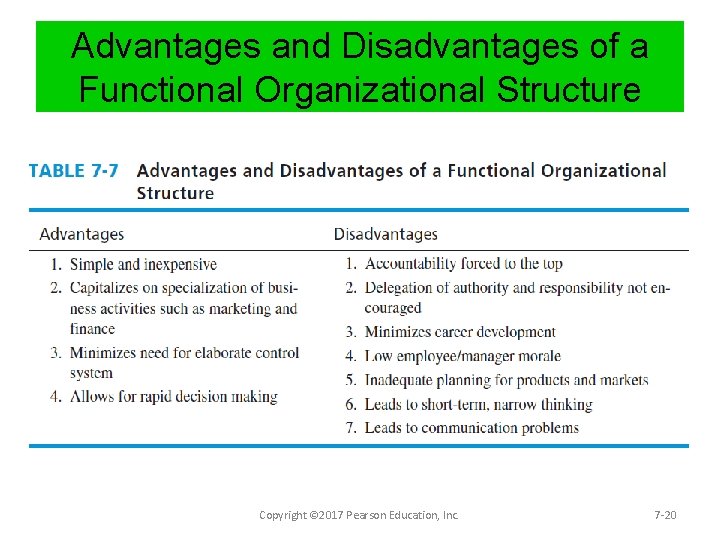 Advantages and Disadvantages of a Functional Organizational Structure Copyright © 2017 Pearson Education, Inc.