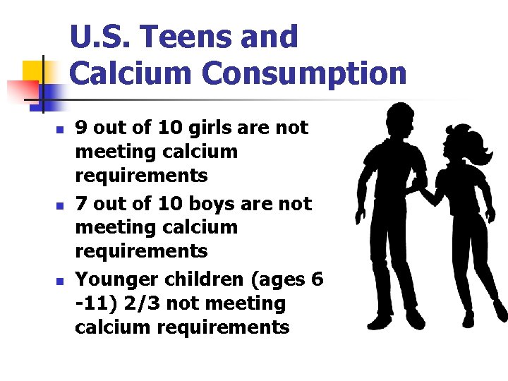 U. S. Teens and Calcium Consumption n 9 out of 10 girls are not