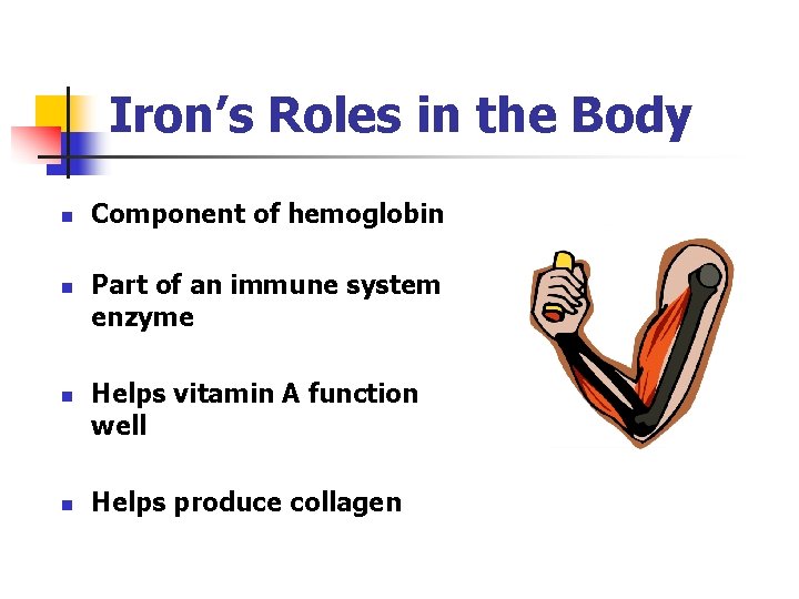 Iron’s Roles in the Body n n Component of hemoglobin Part of an immune