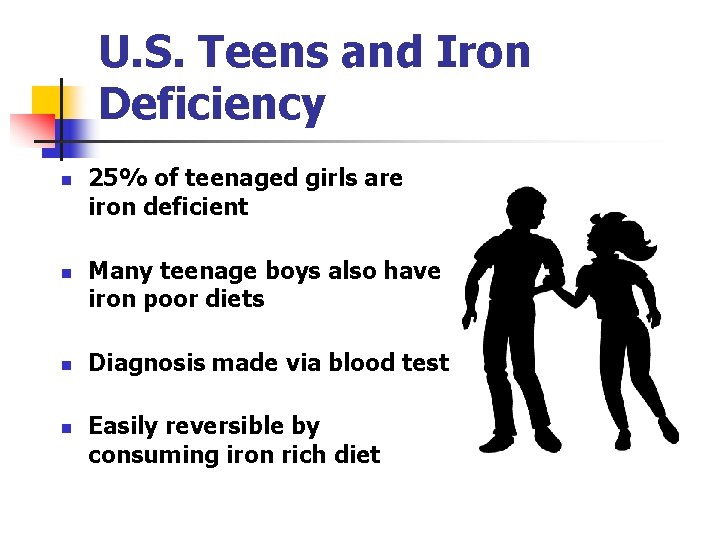 U. S. Teens and Iron Deficiency n n 25% of teenaged girls are iron