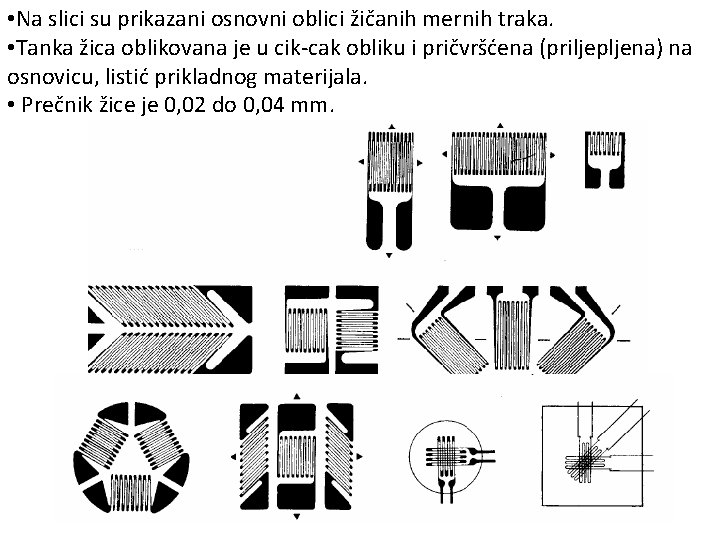  • Na slici su prikazani osnovni oblici žičanih mernih traka. • Tanka žica