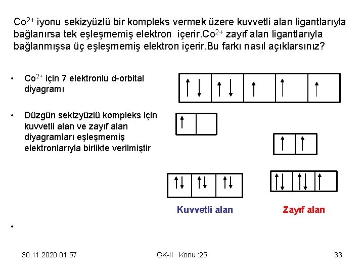 Co 2+ iyonu sekizyüzlü bir kompleks vermek üzere kuvvetli alan ligantlarıyla bağlanırsa tek eşleşmemiş