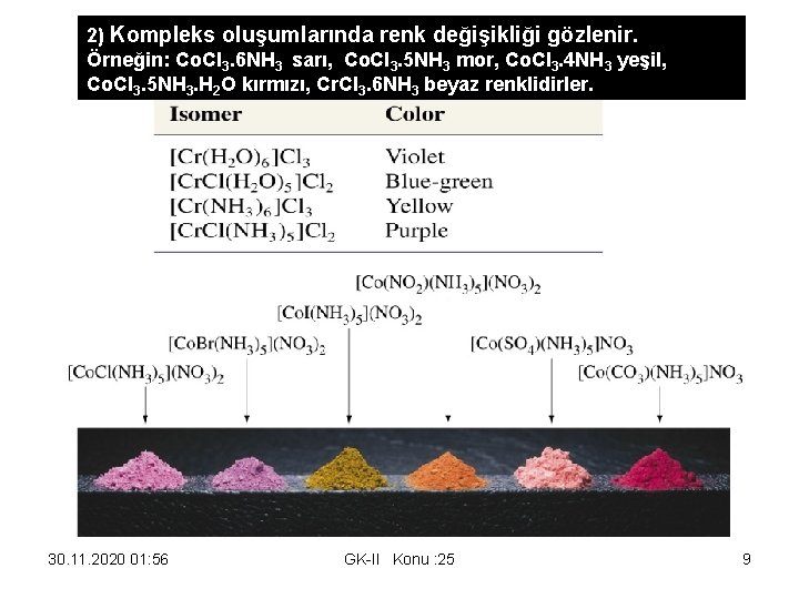 2) Kompleks oluşumlarında renk değişikliği gözlenir. Örneğin: Co. Cl 3. 6 NH 3 sarı,