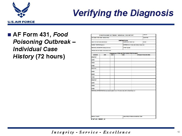 Verifying the Diagnosis n AF Form 431, Food Poisoning Outbreak – Individual Case History