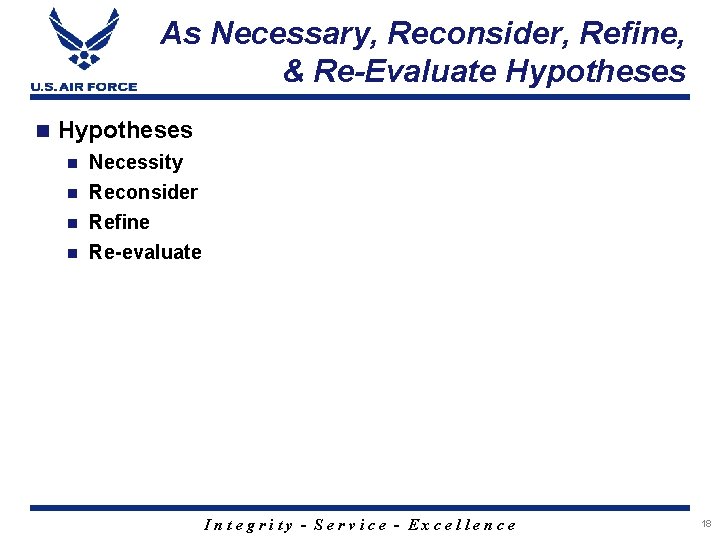 As Necessary, Reconsider, Refine, & Re-Evaluate Hypotheses n Necessity Reconsider n Refine n Re-evaluate