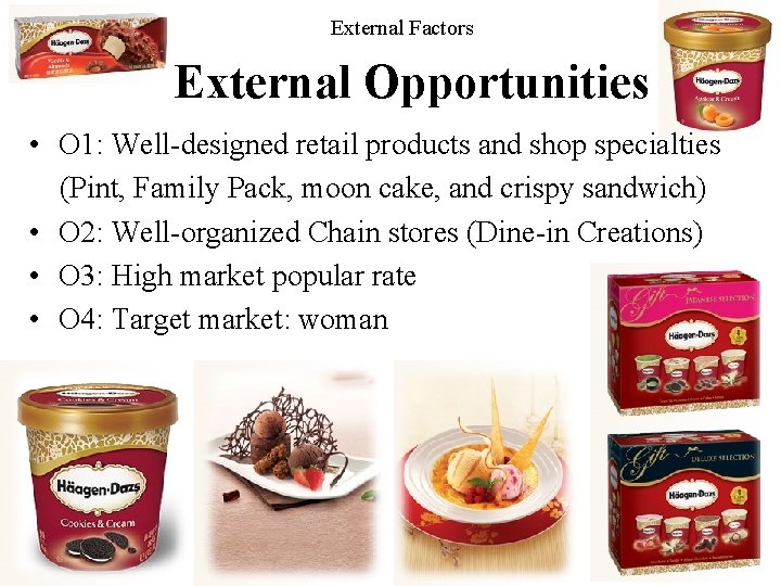 External Factors External Opportunities • O 1: Well-designed retail products and shop specialties (Pint,