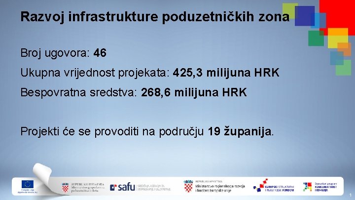 Razvoj infrastrukture poduzetničkih zona Broj ugovora: 46 Ukupna vrijednost projekata: 425, 3 milijuna HRK