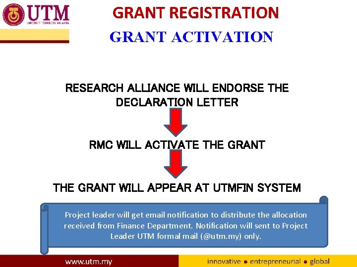 GRANT REGISTRATION GRANT ACTIVATION RESEARCH ALLIANCE WILL ENDORSE THE DECLARATION LETTER RMC WILL ACTIVATE