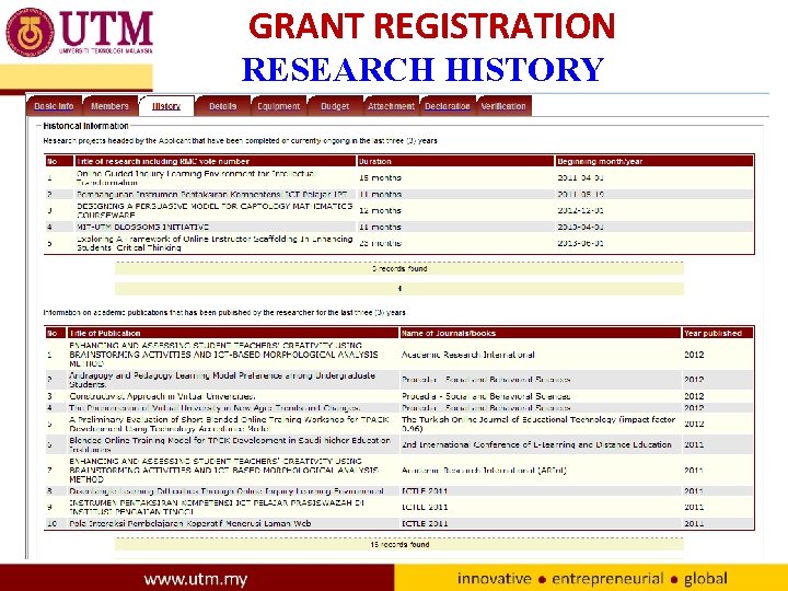 GRANT REGISTRATION RESEARCH HISTORY 