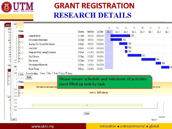 GRANT REGISTRATION RESEARCH DETAILS Please ensure schedule and milestone of activities must filled up