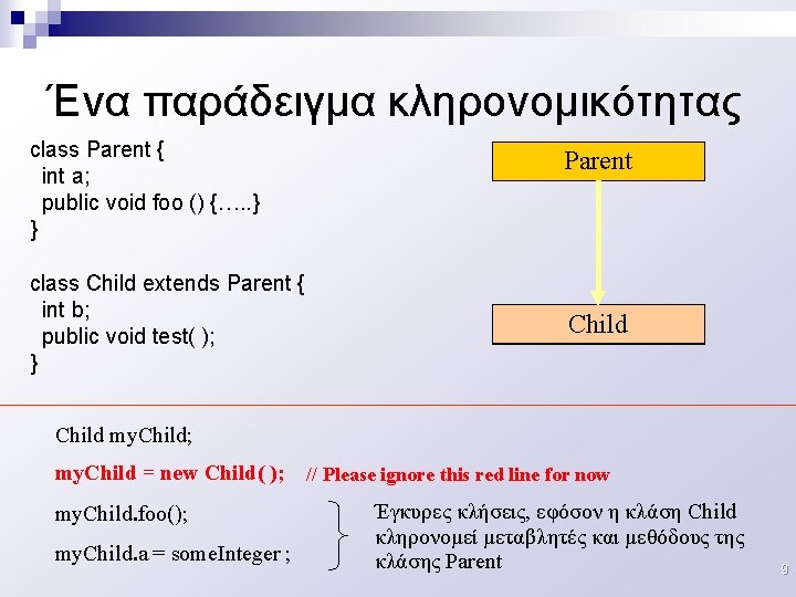 Ένα παράδειγμα κληρονομικότητας class Parent { int a; public void foo () {…. .