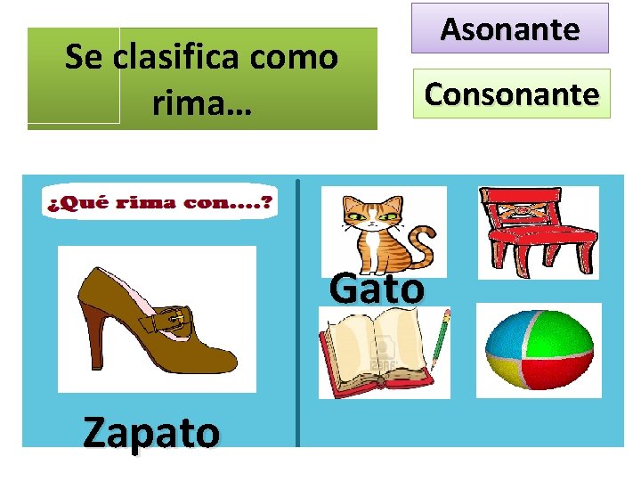 Se clasifica como rima… Asonante Consonante Gato Zapato 
