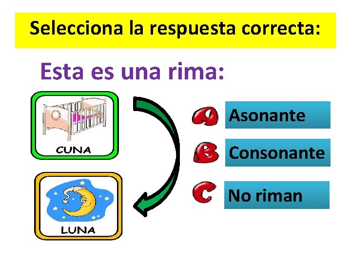 Selecciona la respuesta correcta: Esta es una rima: Asonante Consonante No riman 