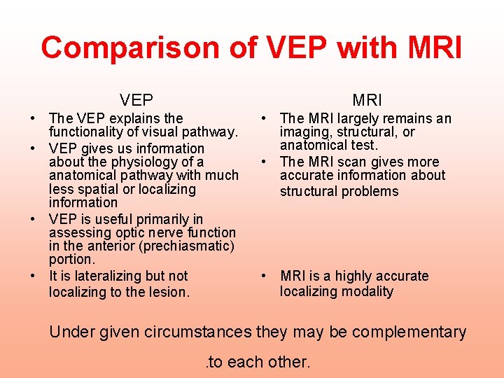 Comparison of VEP with MRI VEP MRI • The VEP explains the functionality of Comparison of VEP with MRI VEP MRI • The VEP explains the functionality of