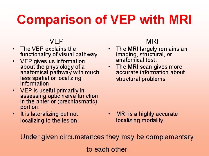 Comparison of VEP with MRI VEP MRI • The VEP explains the functionality of
