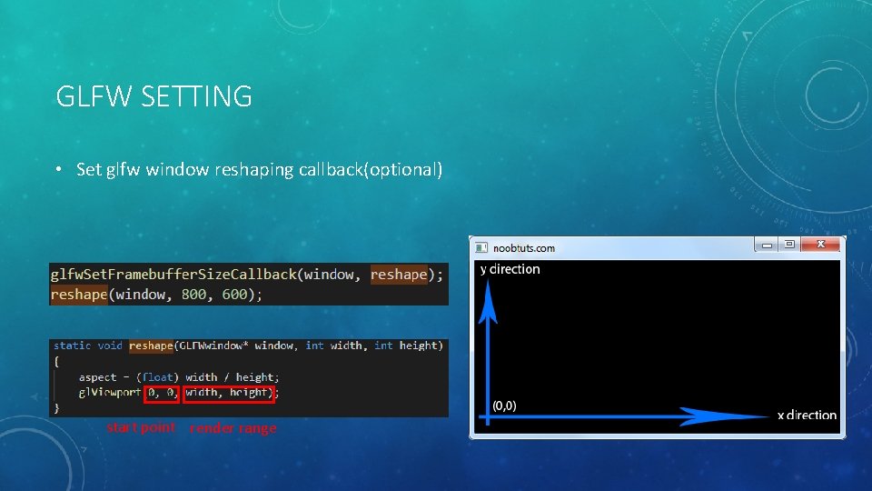 GLFW SETTING • Set glfw window reshaping callback(optional) start point render range 