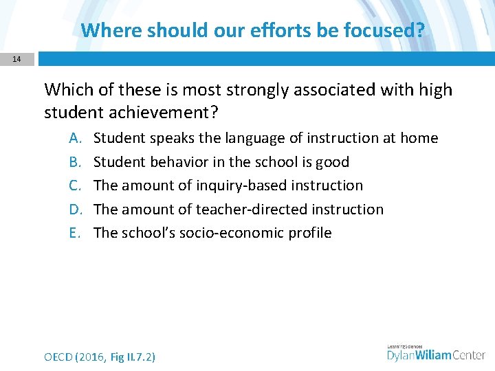 Where should our efforts be focused? 14 Which of these is most strongly associated