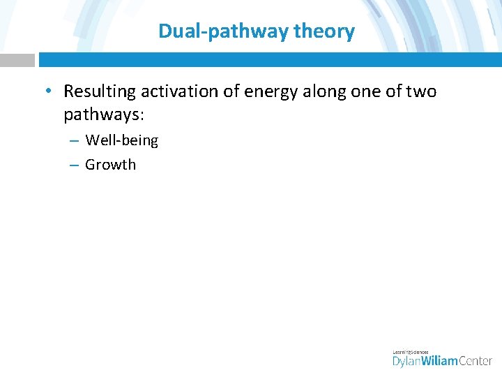 Dual-pathway theory • Resulting activation of energy along one of two pathways: – Well-being