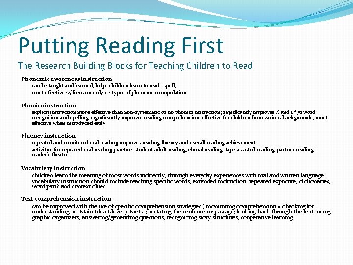 Putting Reading First The Research Building Blocks for Teaching Children to Read Phonemic awareness