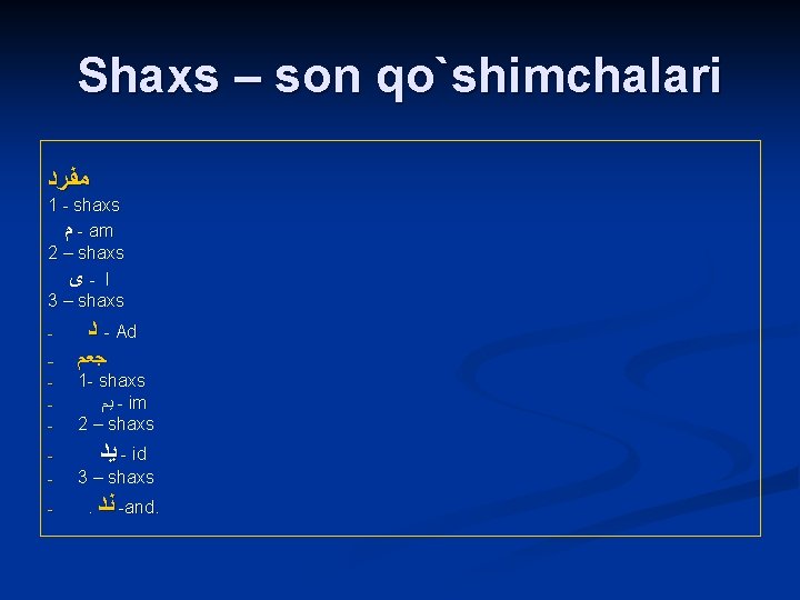 Shaxs – son qo`shimchalari ﻣﻔﺮﺩ 1 - shaxs ﻡ - am 2 – shaxs