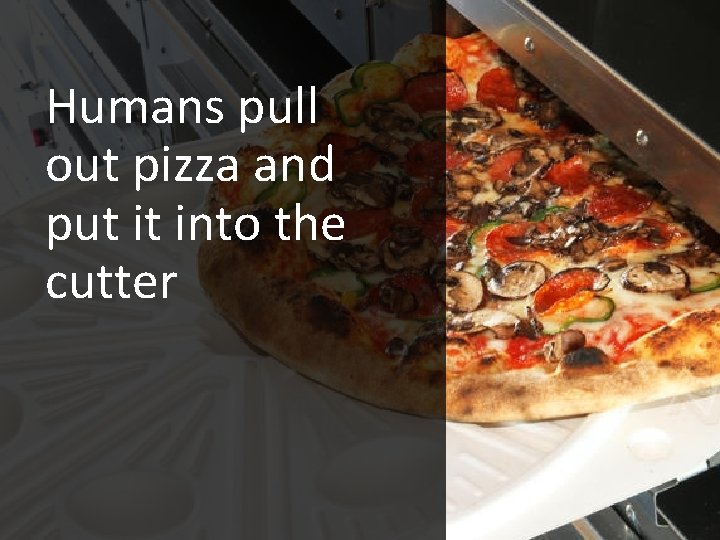 Humans pull out pizza and put it into the cutter 