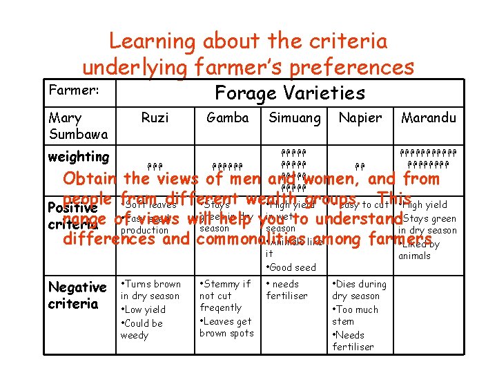 Learning about the criteria underlying farmer’s preferences Forage Varieties Farmer: Mary Sumbawa weighting Ruzi
