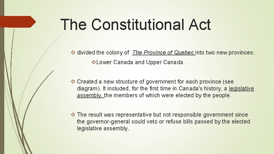 The Constitutional Act divided the colony of The Province of Quebec into two new