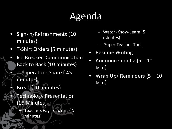 Agenda – Watch-Know-Learn (5 • Sign-in/Refreshments (10 minutes) – Super Teacher Tools • T-Shirt