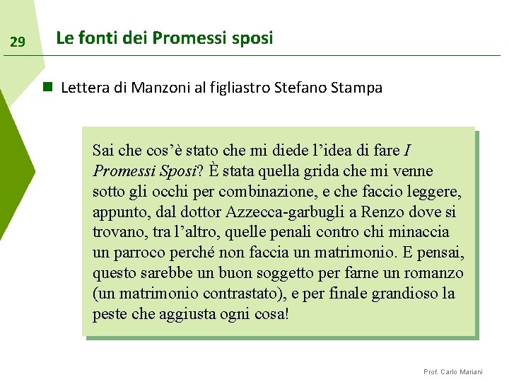 29 Le fonti dei Promessi sposi n Lettera di Manzoni al figliastro Stefano Stampa