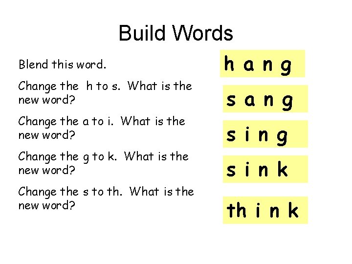 Build Words Blend this word. h a n g Change the h to s.